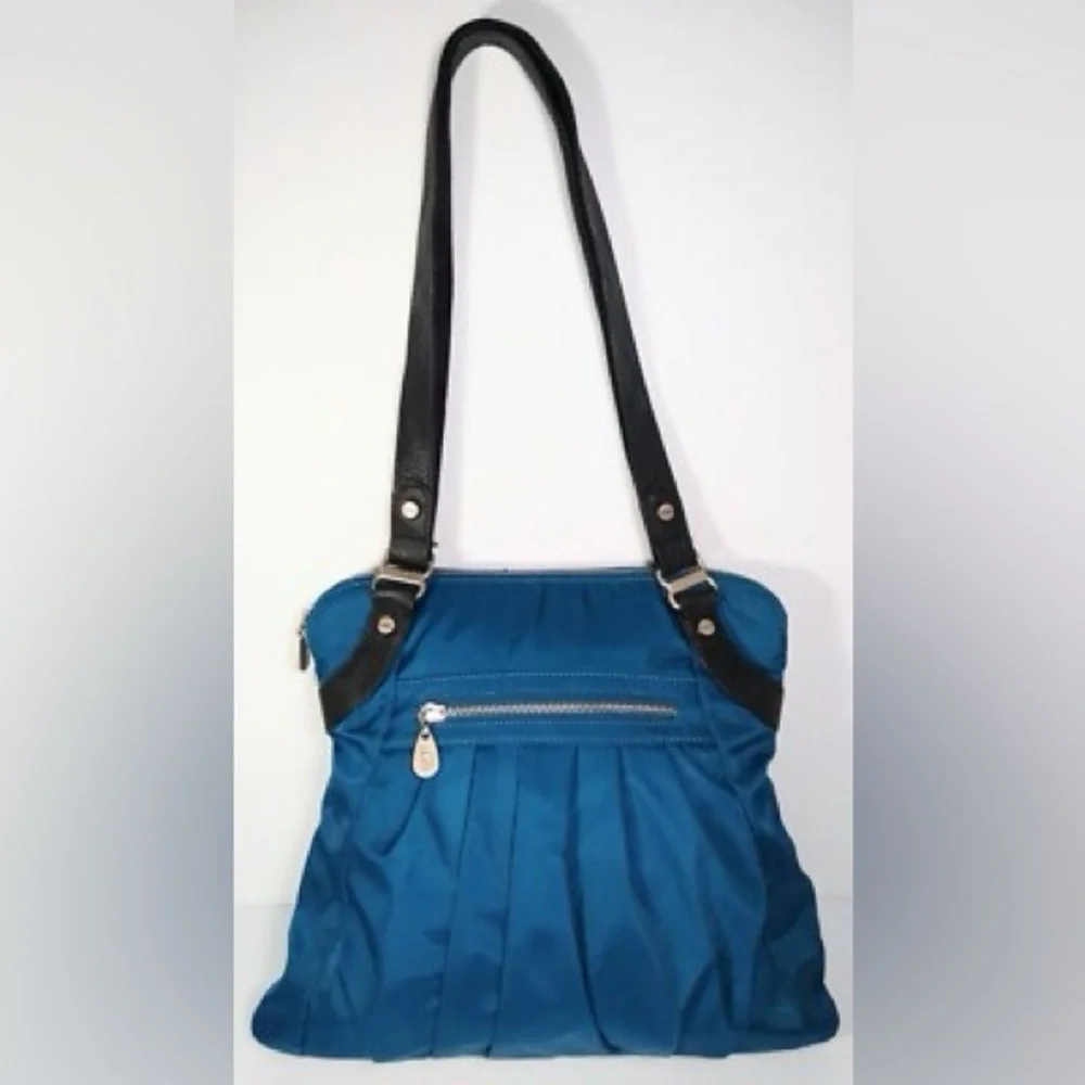 Bagallini Audrey Teal Peacock Blue Pleated Nylon Shoulder Bag